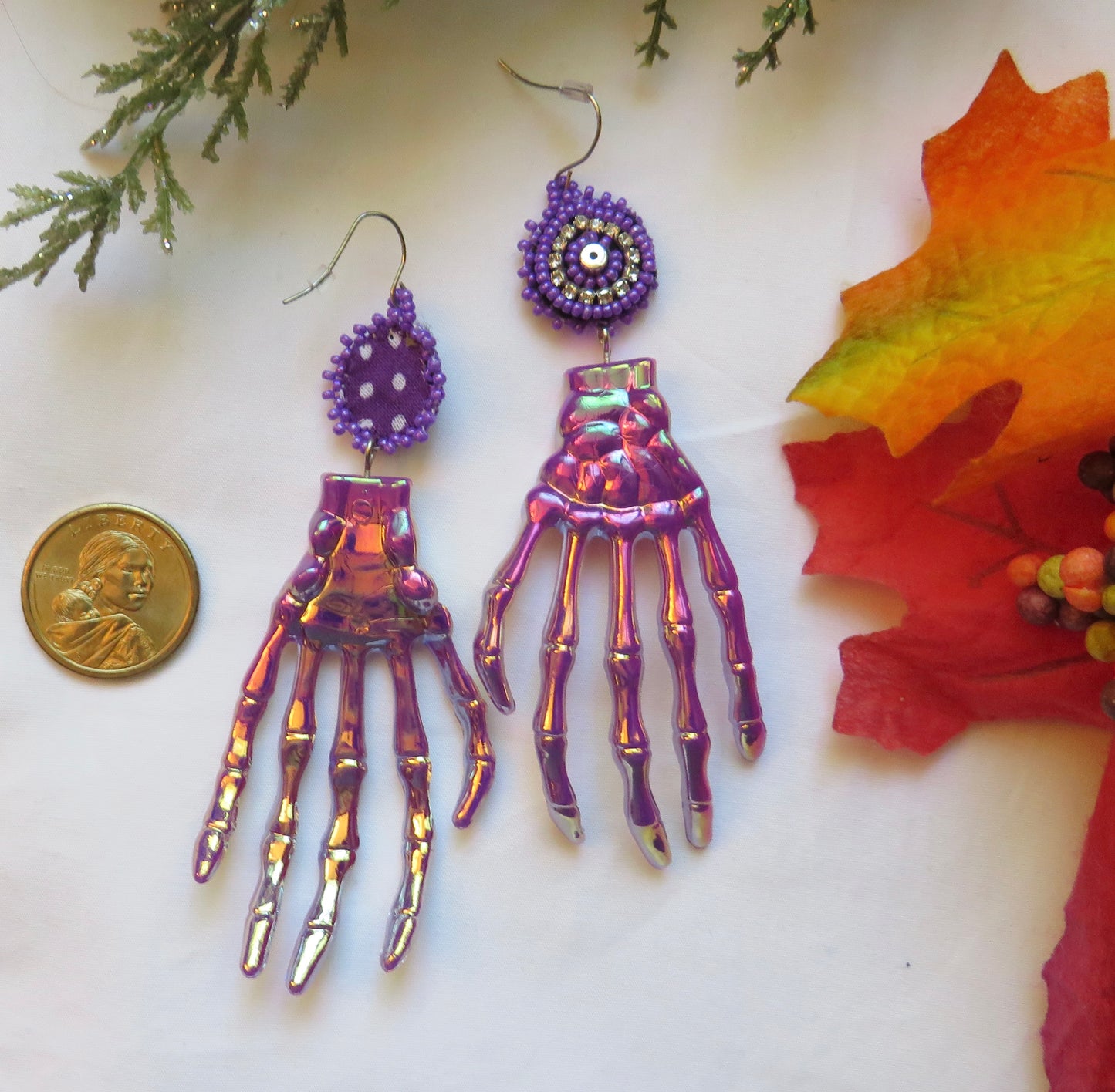 Purple Beaded Skull Earrings