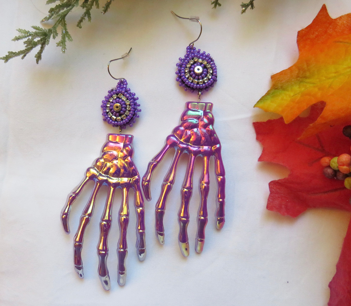 Purple Beaded Skull Earrings