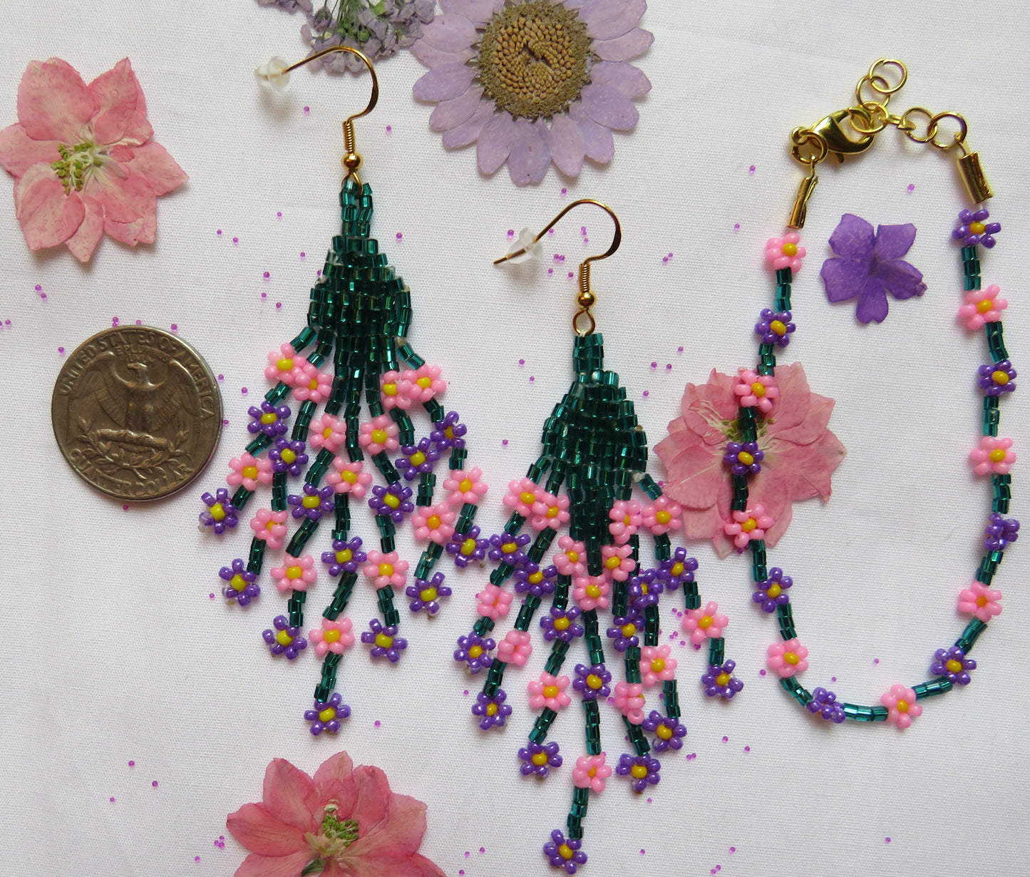 Pink & Purple Floral Fringe Earrings & Anklet