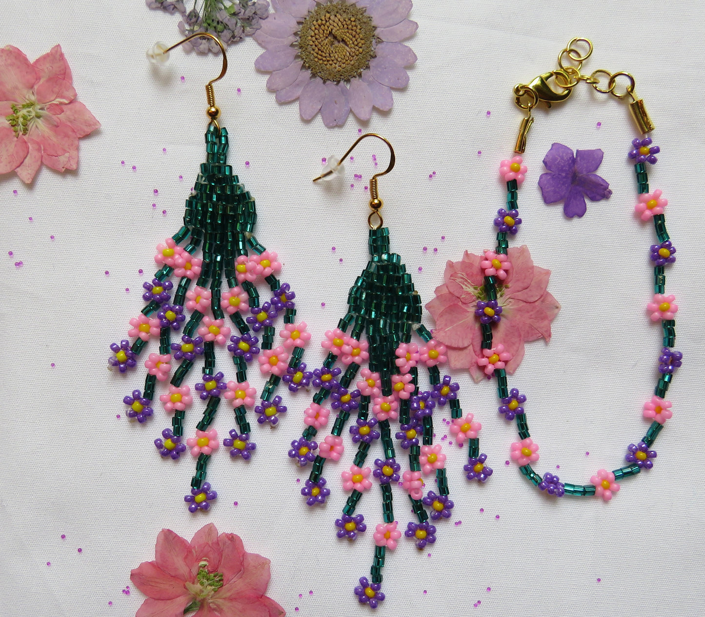 Pink & Purple Floral Fringe Earrings & Anklet