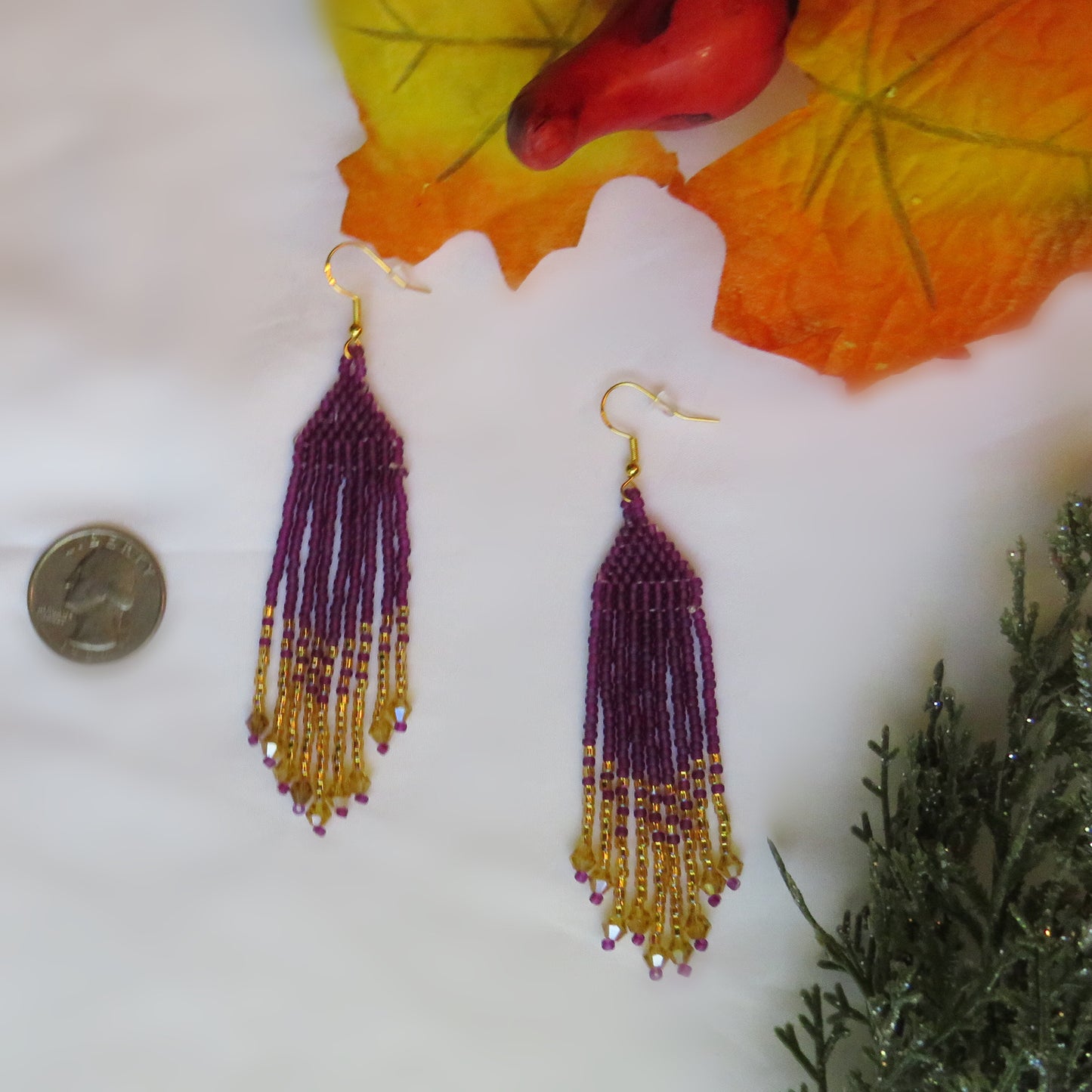 Purple Beaded Fringe Earrings